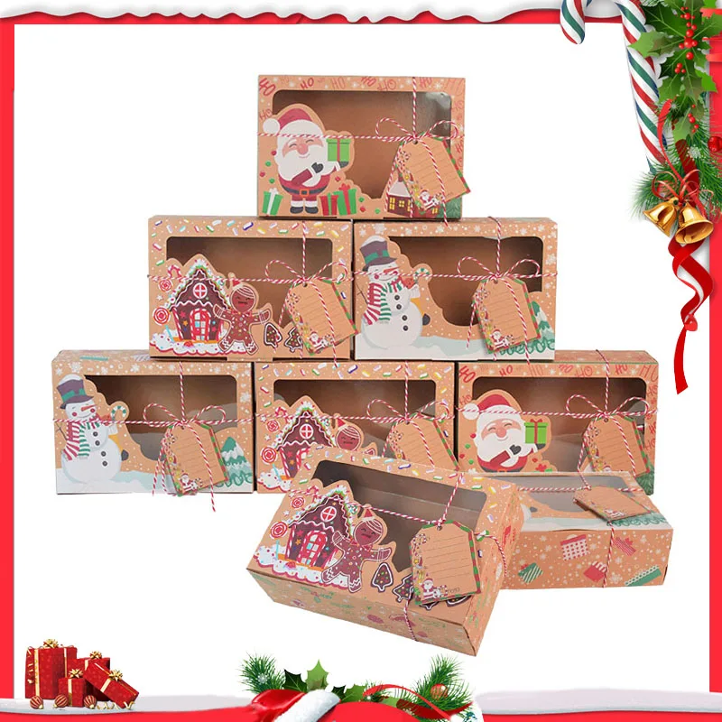 Christmas Candy Cookies Boxes Kraft Paper Gift Box Food Bakery Treat Boxes with Clear Window Navidad Decor Xmas Gift Bag Wrap