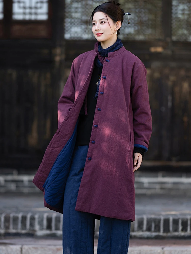 Women Cotton Linen Padded Jackets New 2026 Winter Chinese Zen Style Stand Collar Loose Female Thick Warm Trench Coats M3064