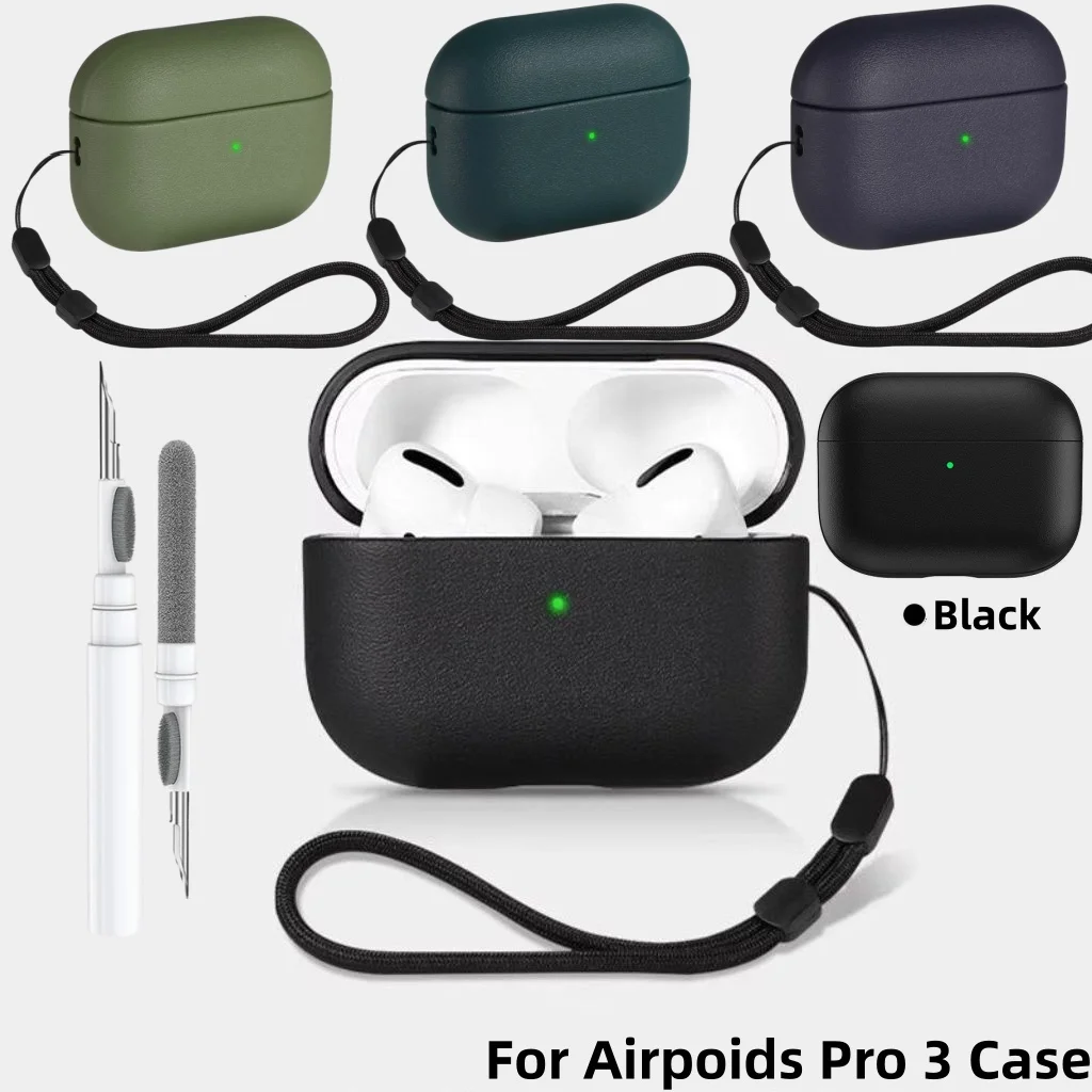 Lederstruktur für Airpods Pro 3, weiche TPU-Schutzhülle, stoßfest, stoßfest, mit Umhängeband und Reinigungsset für Airpods Pro 3