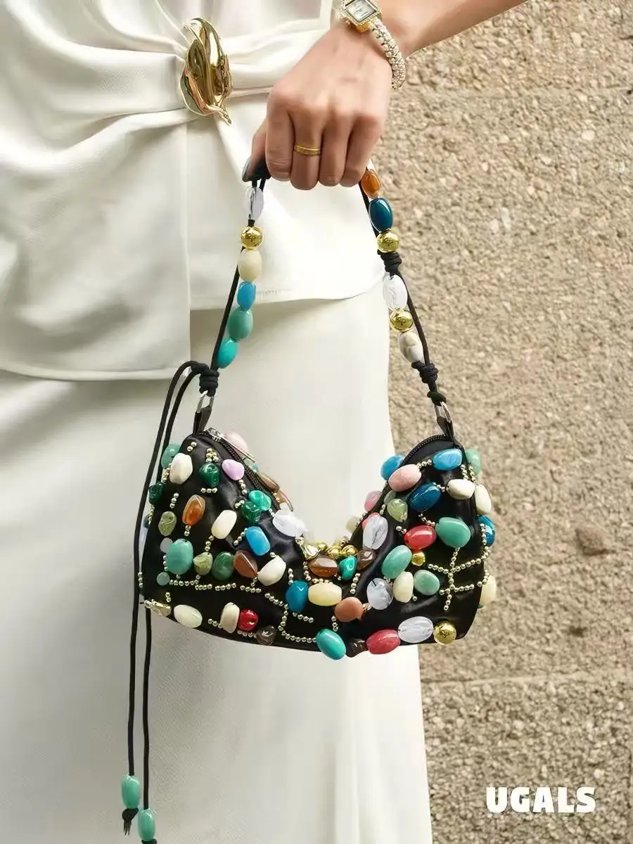 

Высококачественная женская сумка с разноцветными камнями, модная сумка с бусинами, ручной работы, на плечо, роскошный клатч, женская повседневная сумка