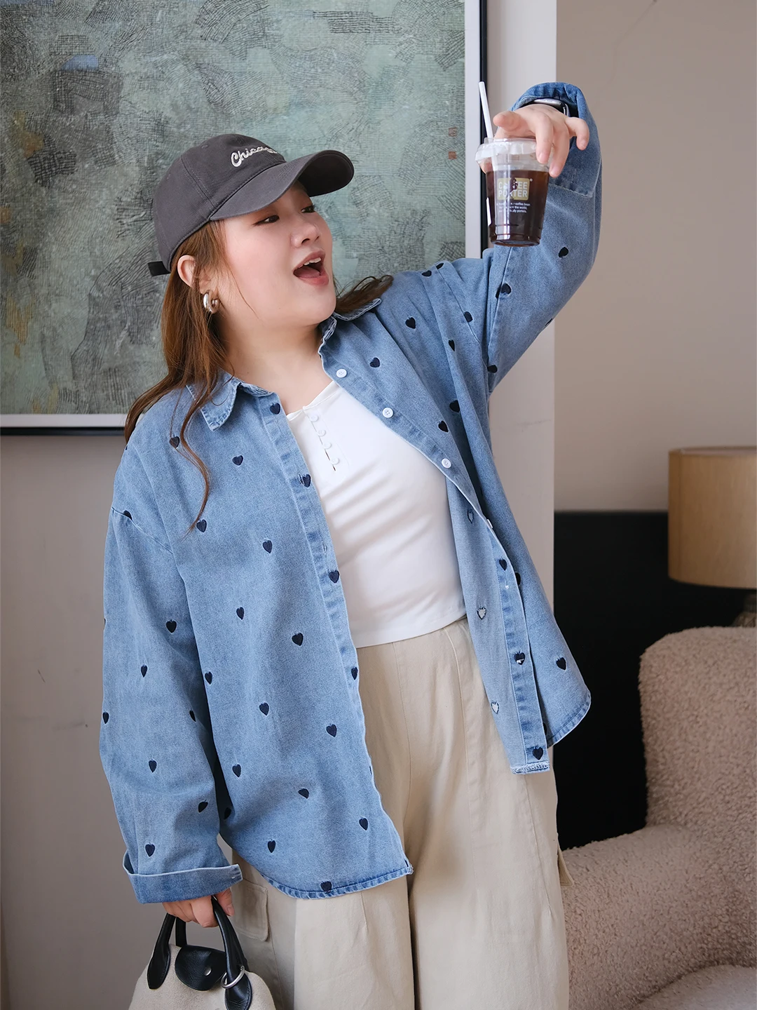 

Zooobaby004 Корейский топ для ранней весны с отложным воротником и сердечками, длинными рукавами, женский, приталенный, универсальный