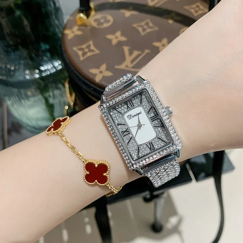 Ladies Watch Luxury Women Watch Crystal Rhinestone Watches Quartz Stainless Steel Strap Wristwatch Square Dial Wrist luxury