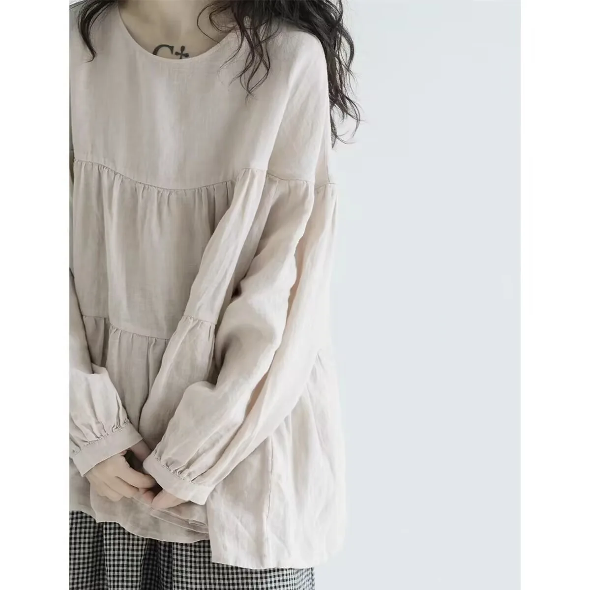 

Women Blouse 2026 Spring New Woven Linen Loose Pullover Women's Flowy Crew Neck Shirts Babydoll Top
