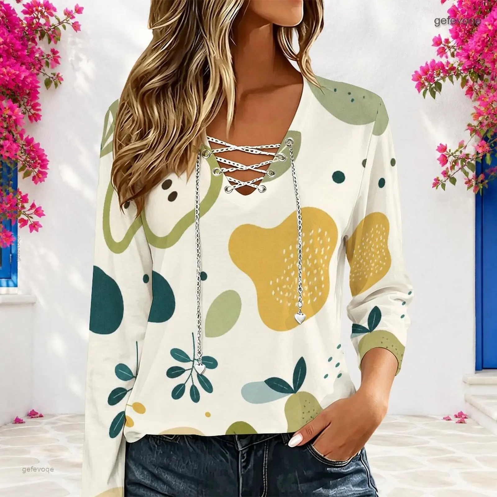 Women Abstract Fruit Leaf Geometric Printed Long Sleeve V Neck Chain Lace Up Top