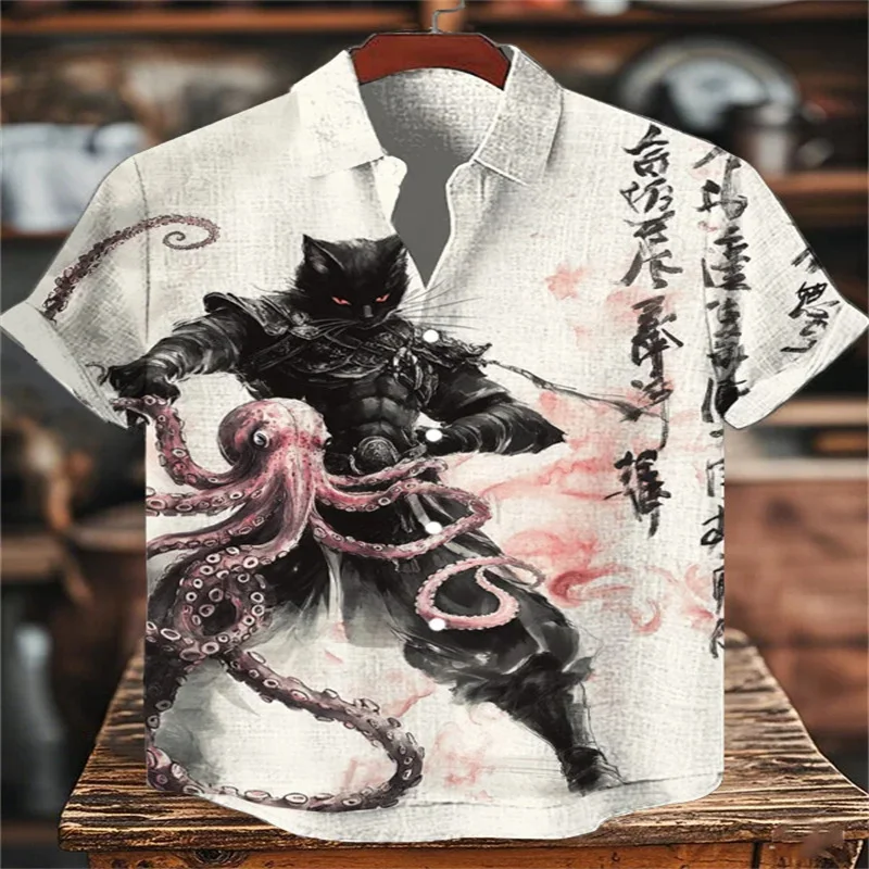 

Men's casual shirt cartoon black cat, 3D printed octopus cat fashionable men's and women's short sleeved top