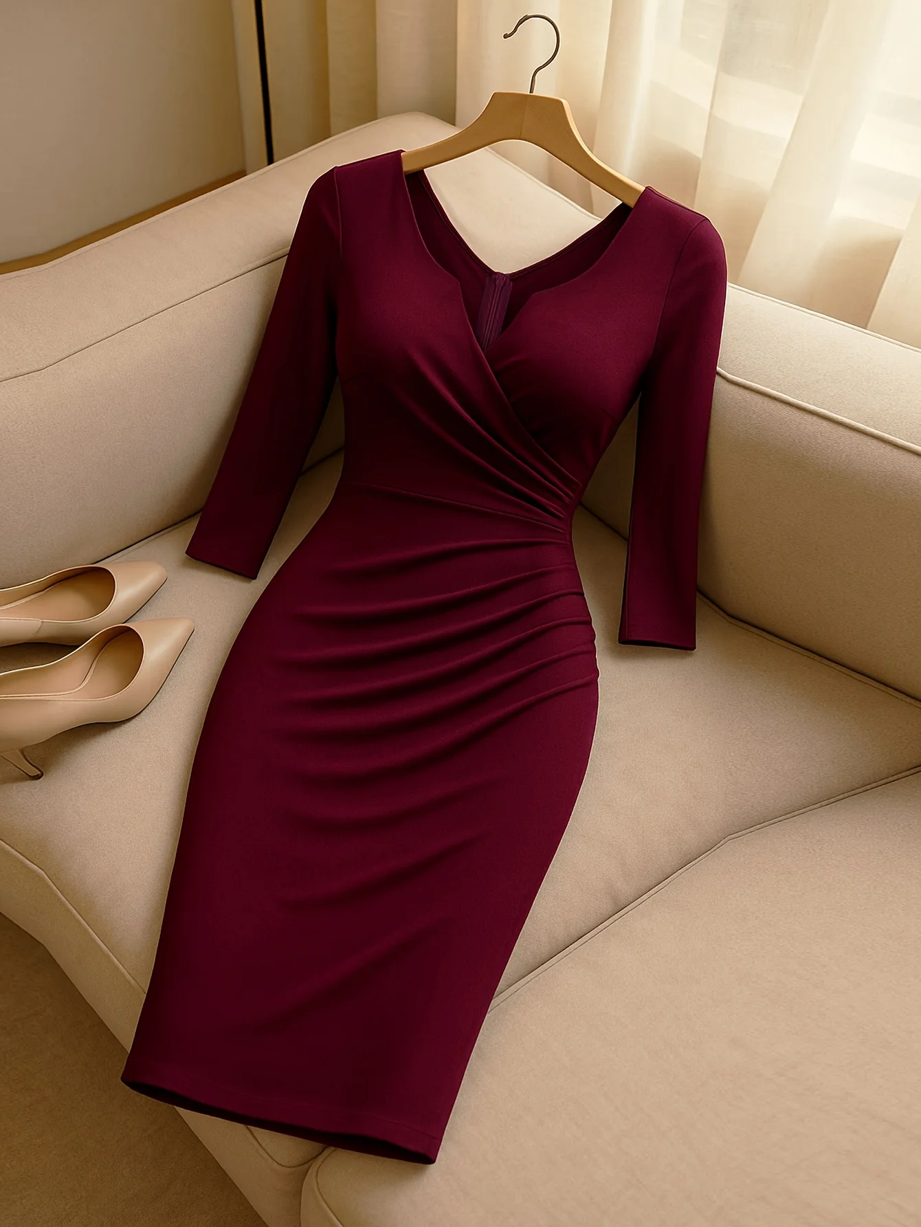 Women Vintage 2/3 Sleeve Deep V-Neck Ruched Slim Knee Length Cocktail Party Wrap Sheath Bodycon Pencil Dress