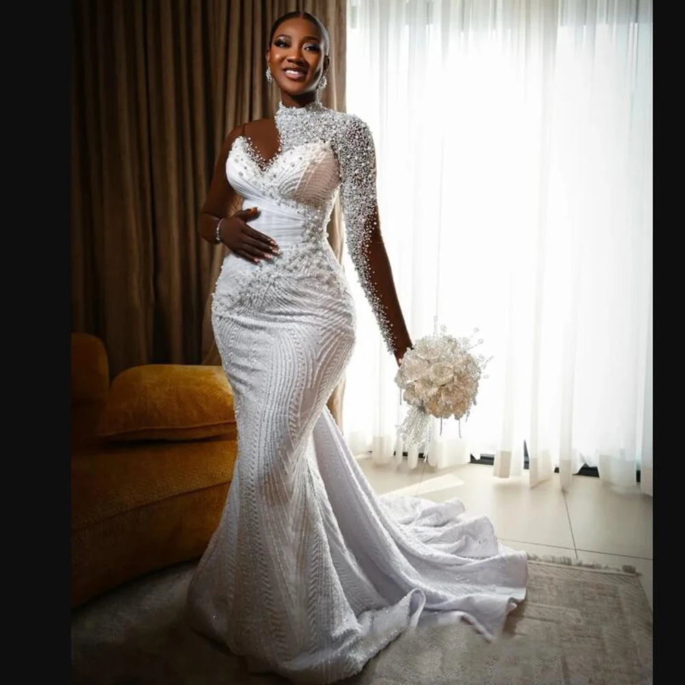 Glittering Beading Crystals Mermaid Wedding Dresses For Bride One Shoulder O Neck Bridal Gowns Customized Women Party Tuxedos