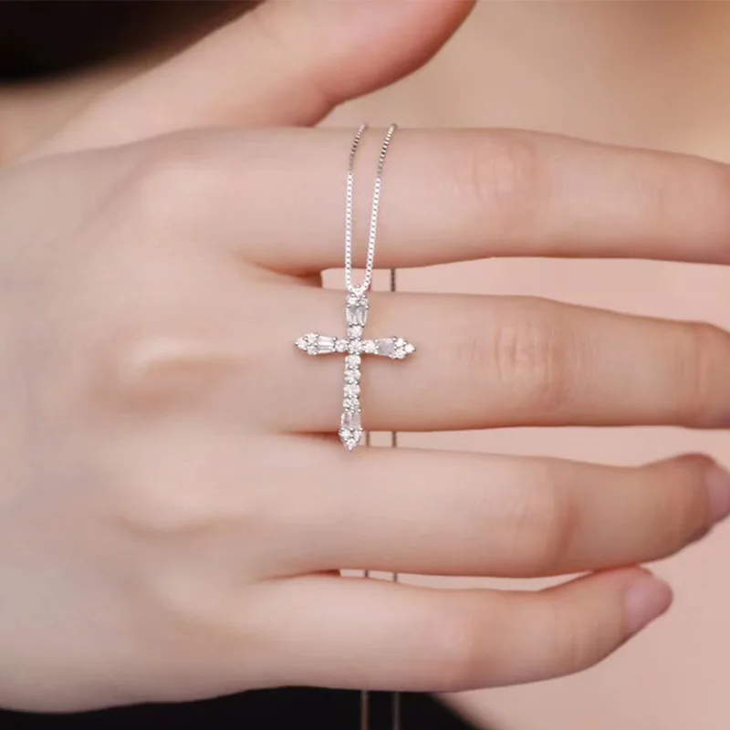 KOFSAC Trendy Shiny Crystal Zircon Cross Pendant Necklace For Women Charm 925 Silver Necklaces Jewelry Lady Valentine's Day Gift