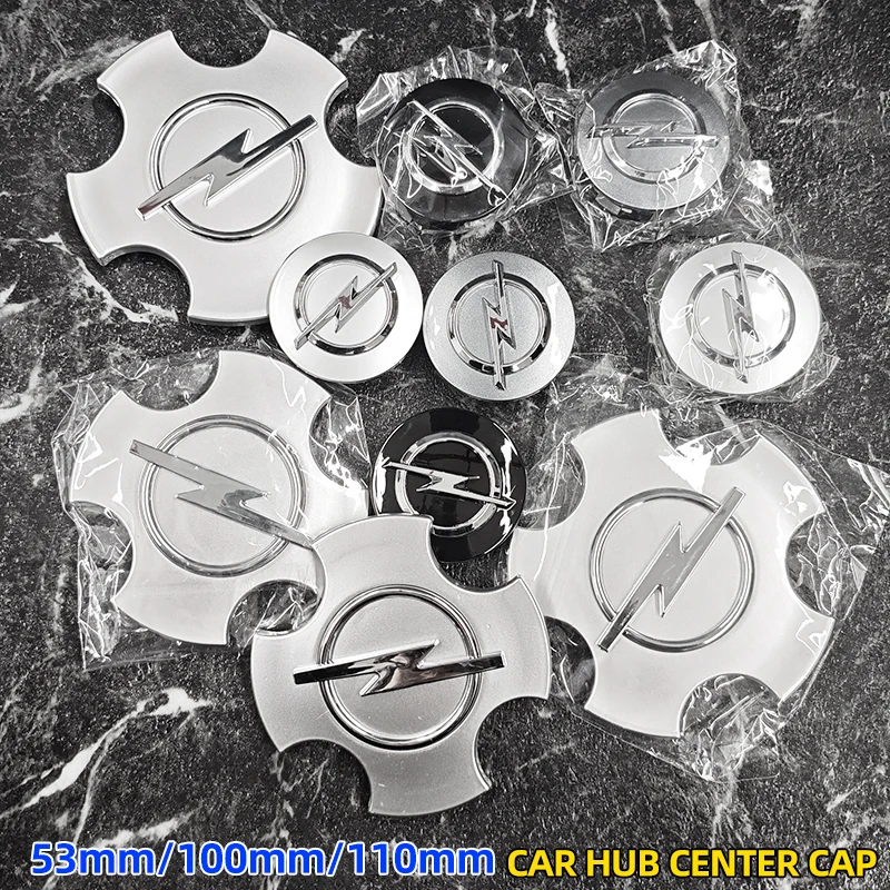 Conjunto de 4 peças de tampas de centro de roda de 53mm/100mm/110mm com emblema, acessórios para Opel Insignia, Corsa, Antara, Astra, Zafira, Omega, Vectra