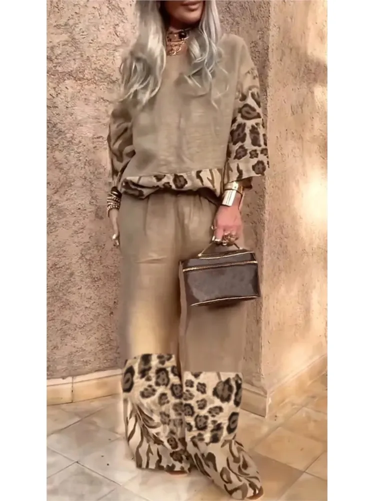 Mode Luipaardprint Dames Tweedelige Set Casual Losse O Hals Lange Mouwen Tops + Wijde Pijpen Broek Pak Elegante Dameskleding