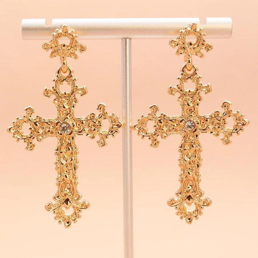 Obega Vintage Anique Hollow Out Cross Dangle Stud Earrings For Women Shiny Gold Color Long Metal Earrings Statement Jewelry