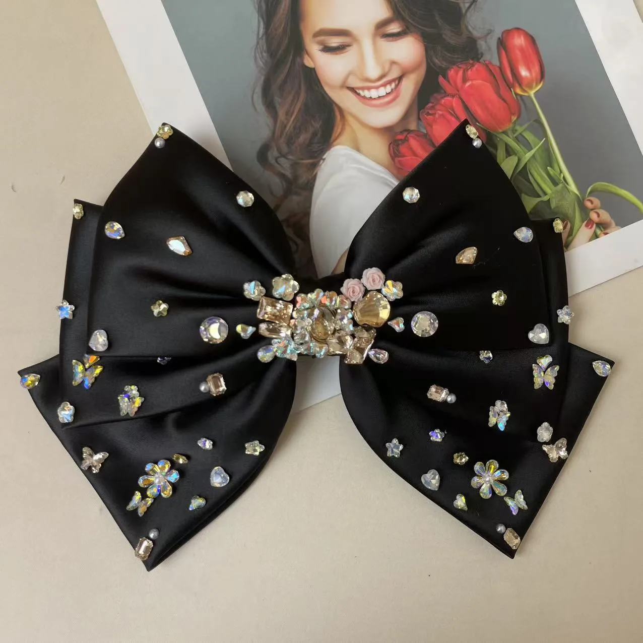 

K-стиль новой тяжелой промышленности, аксессуары для волос, пружинная заколка, большая трехслойная атласная заколка для волос в горошек с бриллиантами, аксессуары для волос с бантом