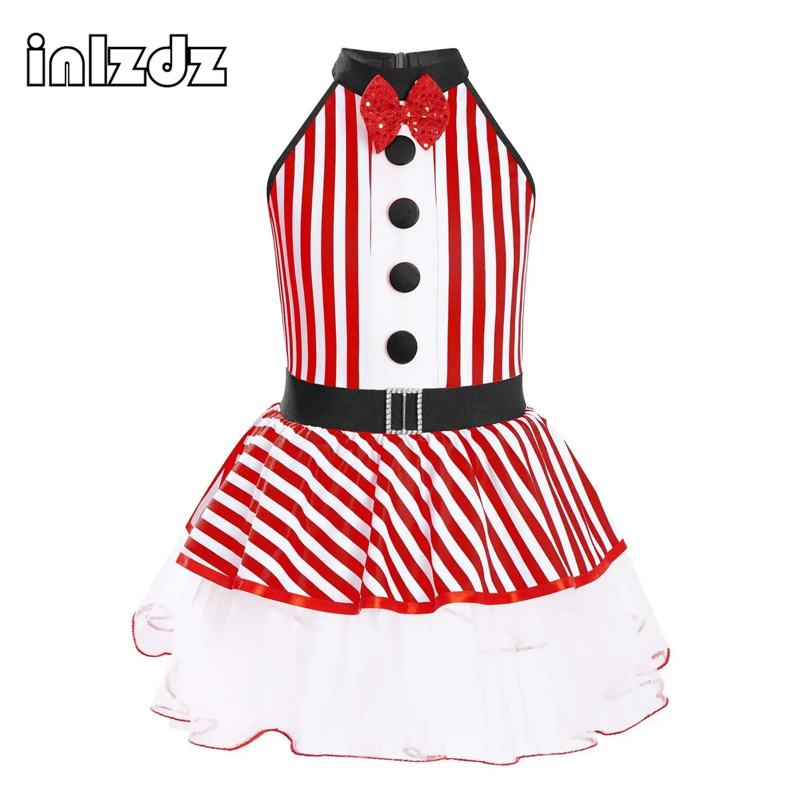 

Kids Girls Halloween Cosplay Dress Striped Puffy Dresses Halter Sequined Bowknot Tutu for Theme Party Stage Performance Costumes