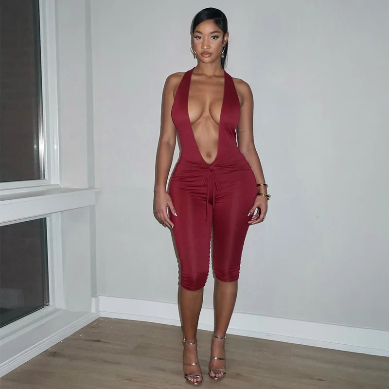 

Сексуальный облегающий комбинезон для весны и лета, модный однотонный комбинезон в стиле Hot Girl с завязками на шее, открытой спиной и глубоким V-образным вырезом, для вечеринок