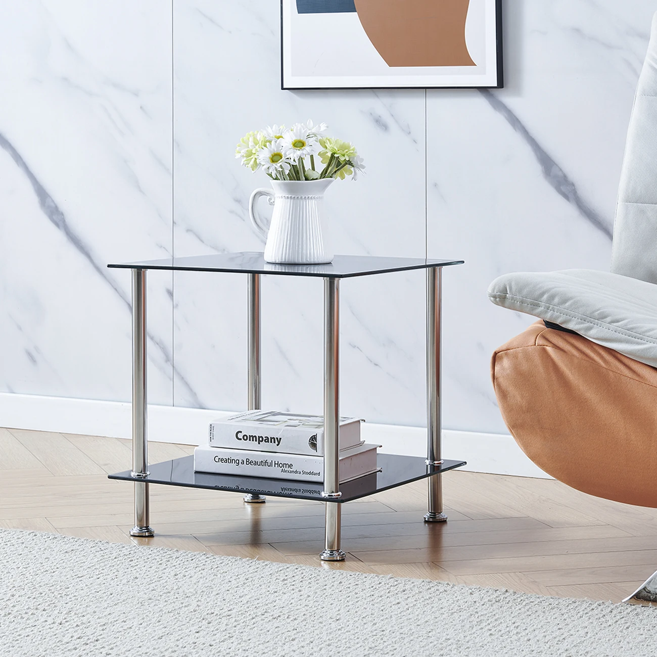 2-Tier Square End Table Black Glass Side Coffee Tables With Stainless Steel Legs, Storage Shelf For Living Room, Display Table F