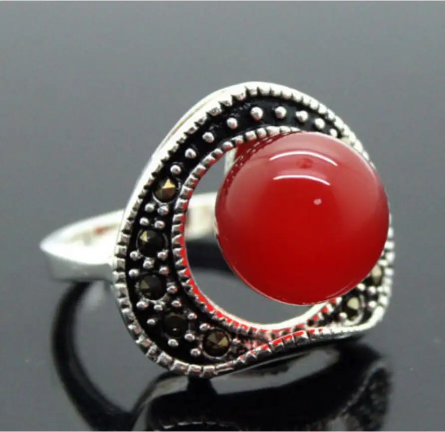 

brinco brincos Pretty 8mm Red Jade Beads Inlay Marcasite 925 Sterling Silver Ring 7/8/9/10 for women jewelry