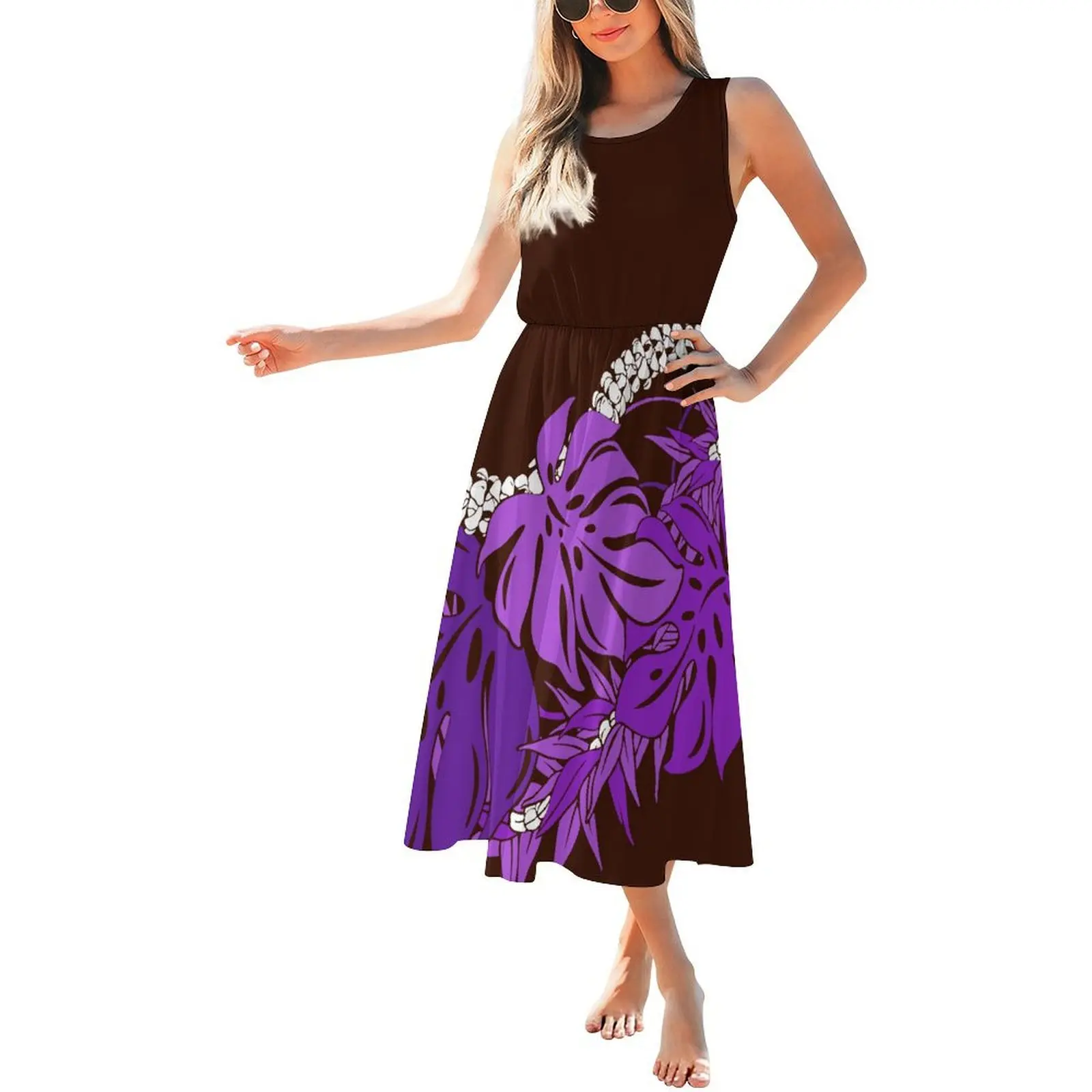 حار بيع شعار مخصص سيدة الصيف حزب اللباس هاواي طباعة تصميم المرأة س الرقبة أكمام فستان طويل فساتين الجزيرة عارضة #3