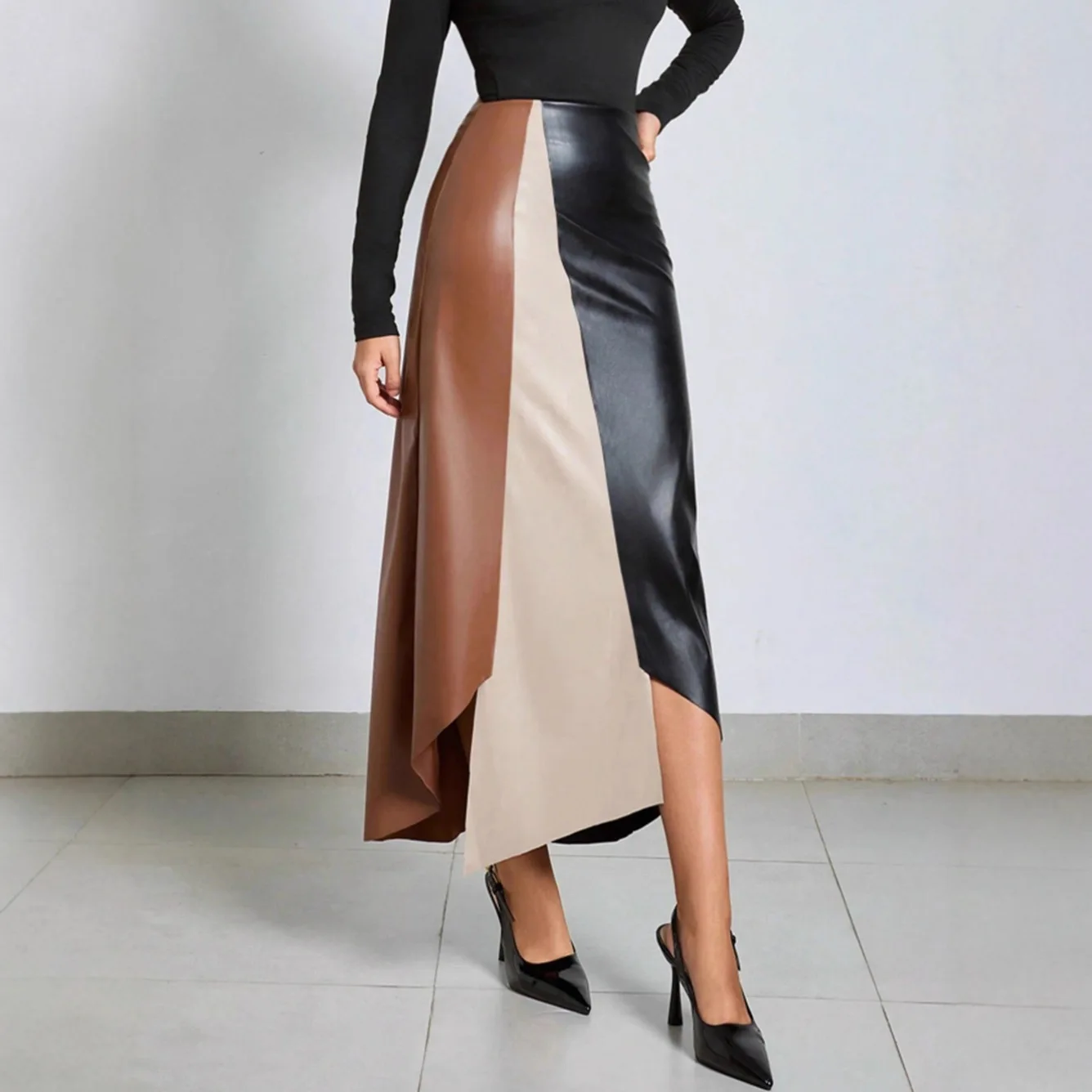 25 Winter New PU Color Matching Leather Skirt High Waist Zipper Slim Hip Zipper Long Skirt Women