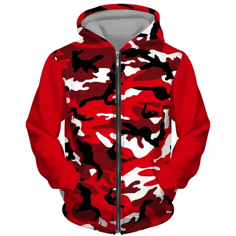 Casual Camouflage Pattern Zip Up Hoodies Fashion Simple 3D Alphabets Printed Sweatshirt Autumn Loose Streetwear Sportowe pulowery
