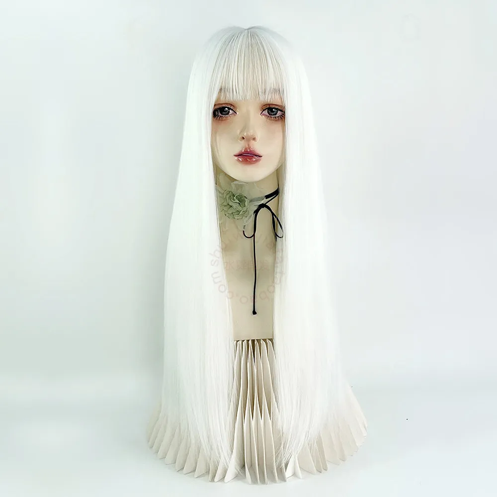 Peluca blanca, pelo largo y liso, con capucha completa, universal, de segunda dimensión, con flequillo Qi, foto de ángel de pelo plateado