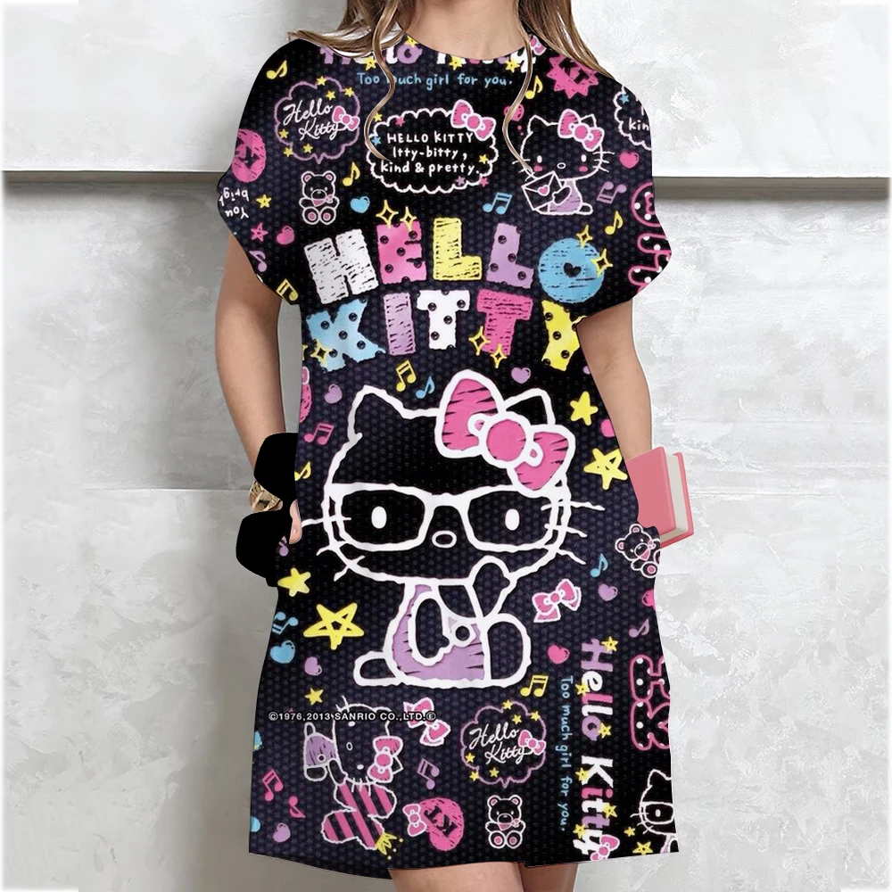 مرحبا كيتي طباعة فستان المرأة الكرتون قصيرة الأكمام س الرقبة تي شيرت فستان موضة لطيف النوم تنورة خلع الملابس الأساسية اليومية