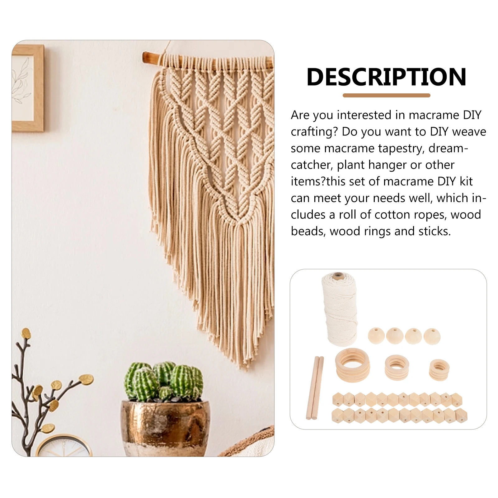 

Macrame Tapestry Kit Cotton Rope Wood Beads Rings Sticks DIY Wall Art Decoration Hand Woven Accessories Material