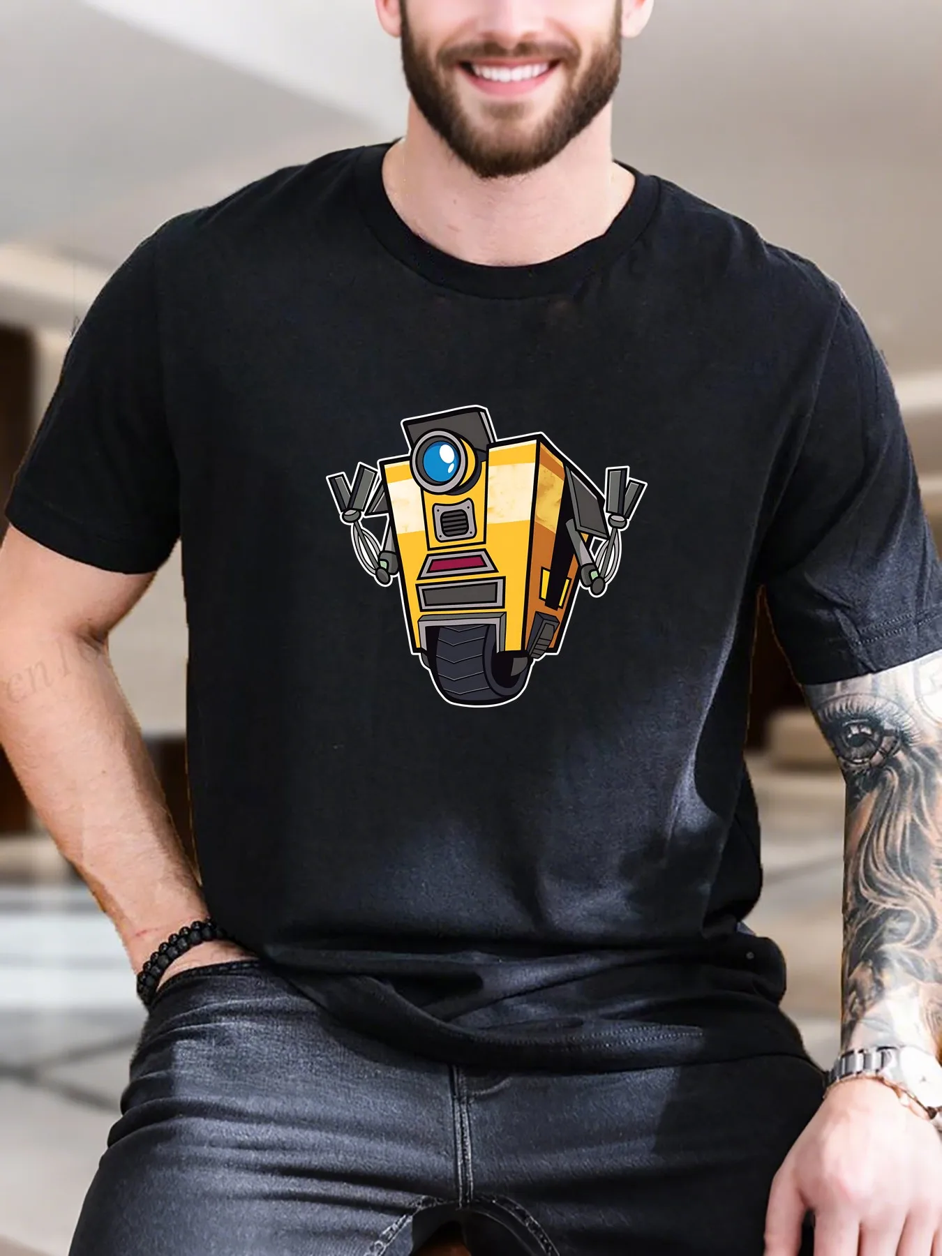 

New Arrival Fashion Men's Graphic Print T-Shirt Yellow Robot with Camera Design 100% Cotton Soft Breathable Casual Streetwear