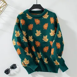 Sweter z dzianiny z grafiką w liście klonu Jesień Zima Sweter z długim rękawem Top Casual Okrągły dekolt Ciepłe dzianiny Pullover