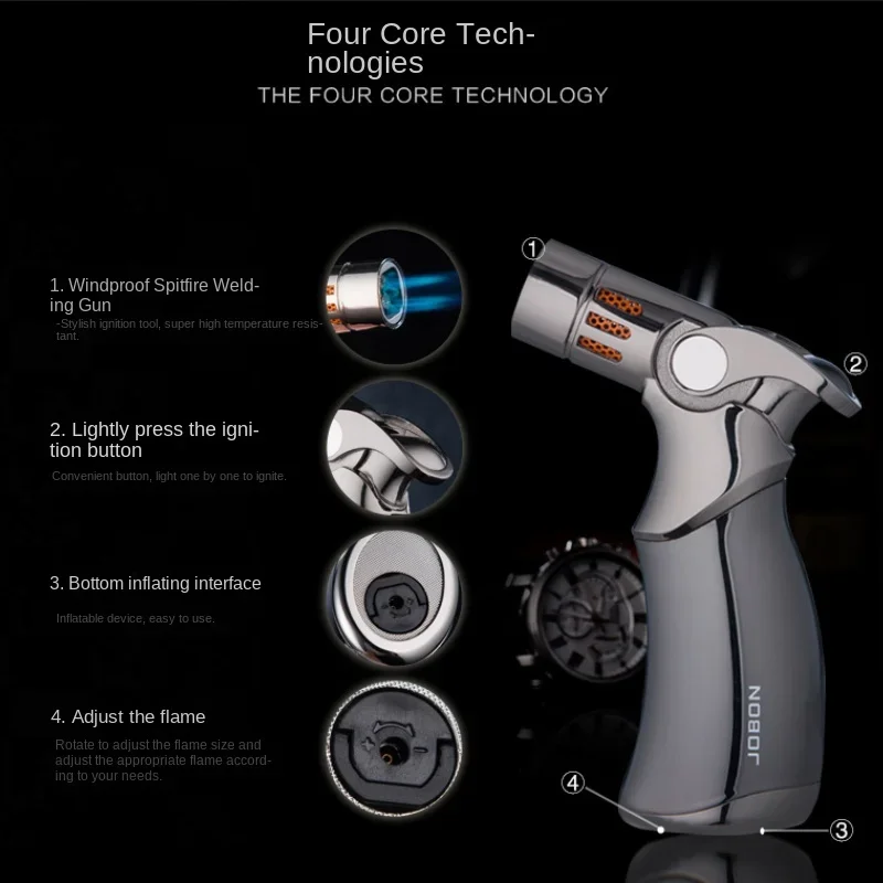 JOBON Creative Metal Blue Quad Torch Direct Gas Lighter Turbo Cigar BBQ Outdoor Windproof Spray Gun Tool Business Use With box