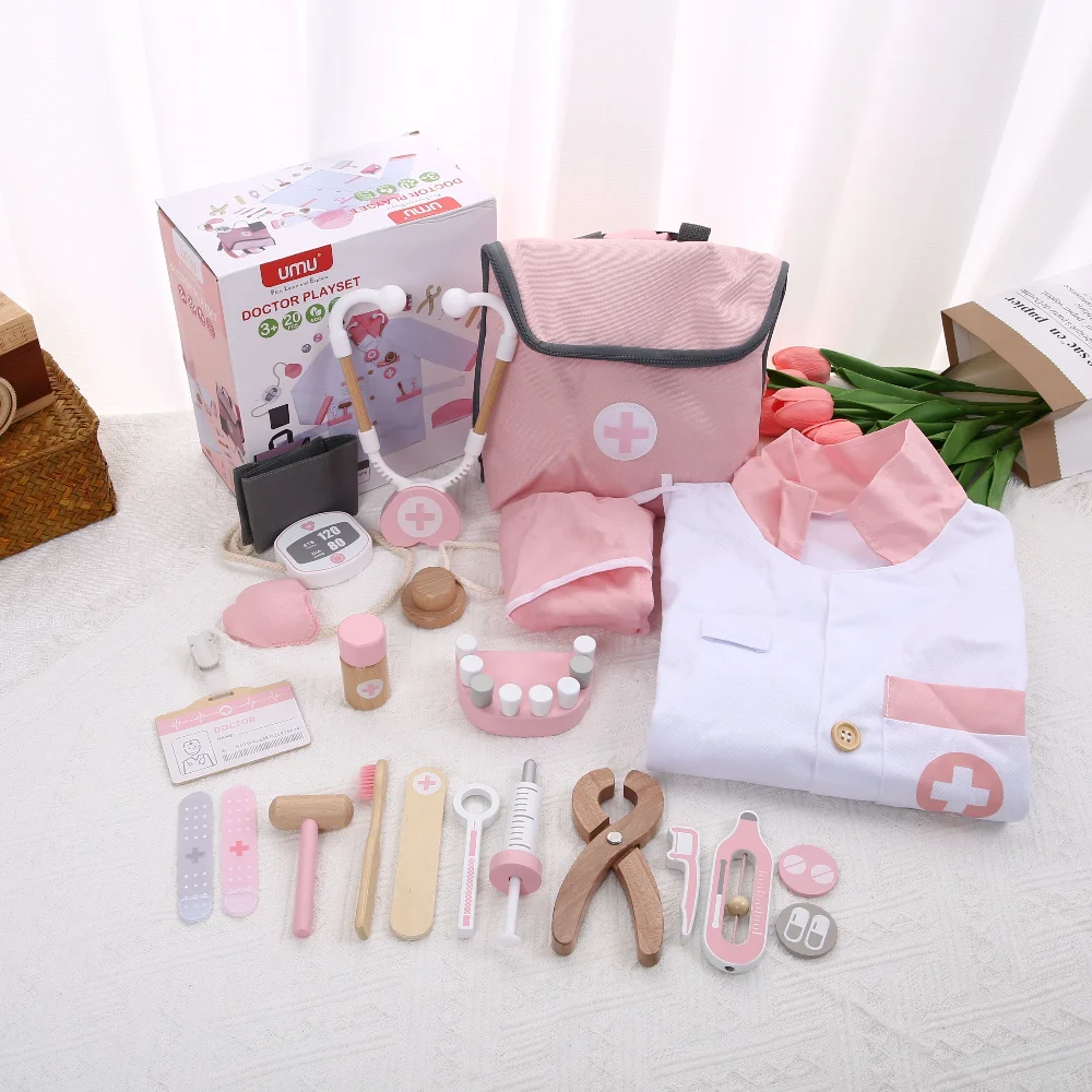 children's-wooden-house-doctor's-kit-simulation-medical-medicine-box-injection-stethoscope-dentist's-clothes-hat-backpack