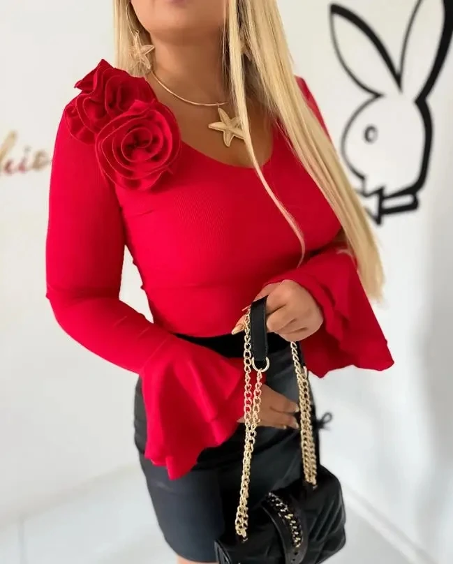 

Новая модная женская футболка с 3D-цветочным декором, вырезом-лодочкой, двойным слоем, расклешенными манжетами, облегающая, в рубчик