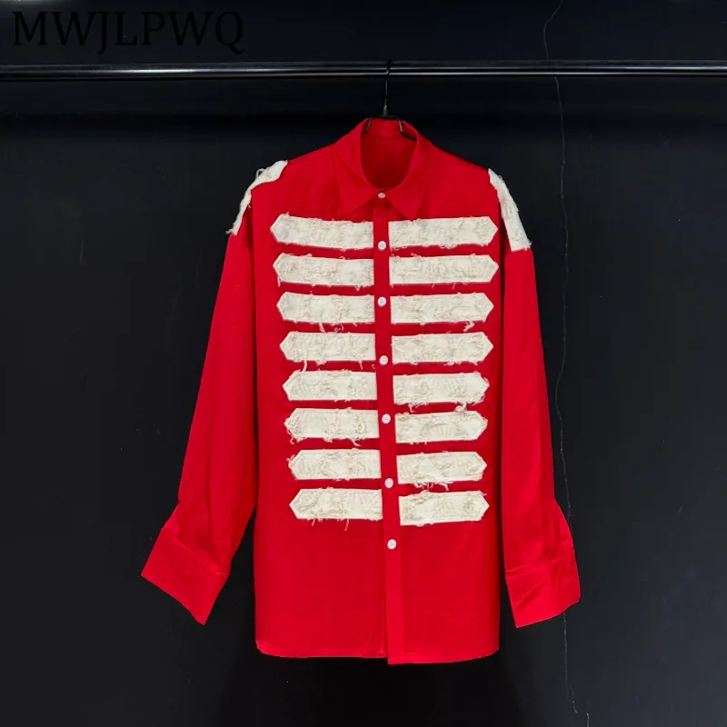 

MWJLPWQ Mens Red Military Style Shirt With Frayed White Stripes Oversized Long Sleeve Button Down Streetwear Blouse Autumn 15624