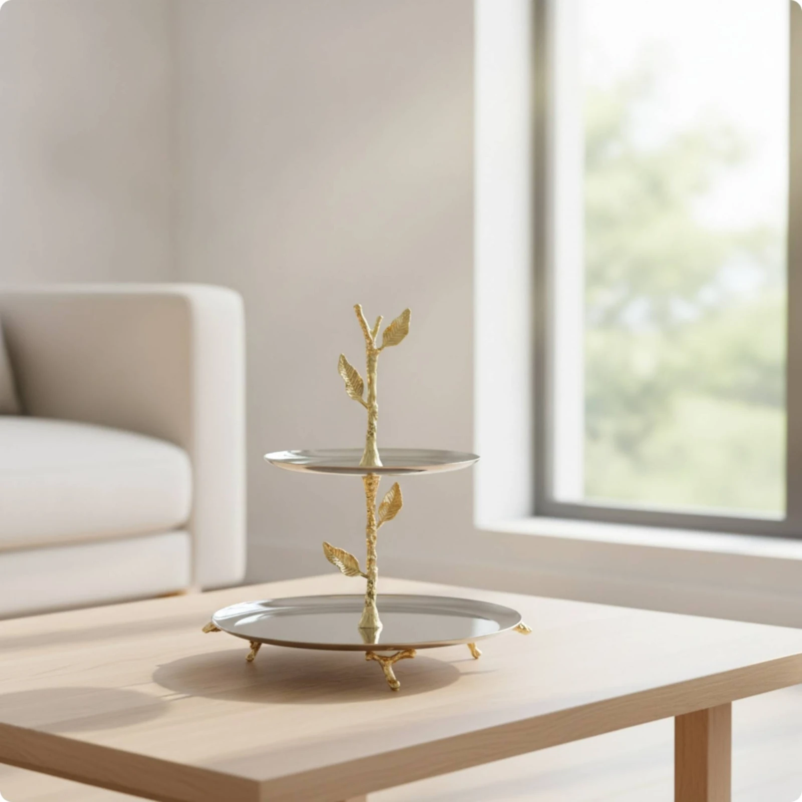 Fruit Tray with Leaf Accents Mirrored Two-Tier Fruit Stand Two-Tier Tray Easy to Clean Stable for Hosts, Tabletop, Coffee Table