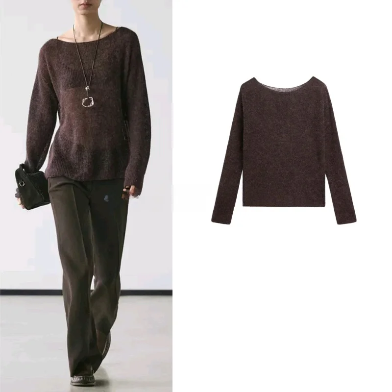 MD Winter New Women's Casual Lightweight Loose Knitwear Long Sve Boat Ne Transparent Top Comfortable Soft Polyester Fiber