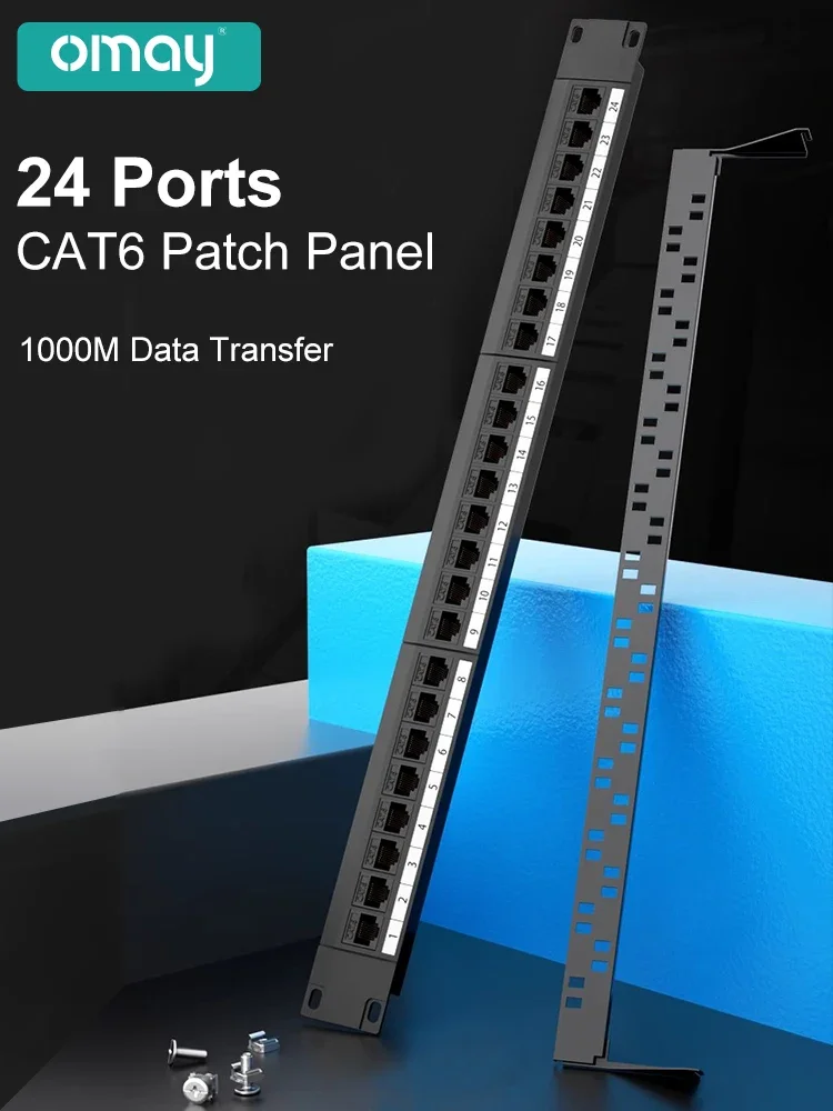 OMAY 19Inch 1U 24 Port CAT6 Patch Panel Cabinet Rack Pass-Through RJ45 Cable Adapter Keystone Jack Modular Frame