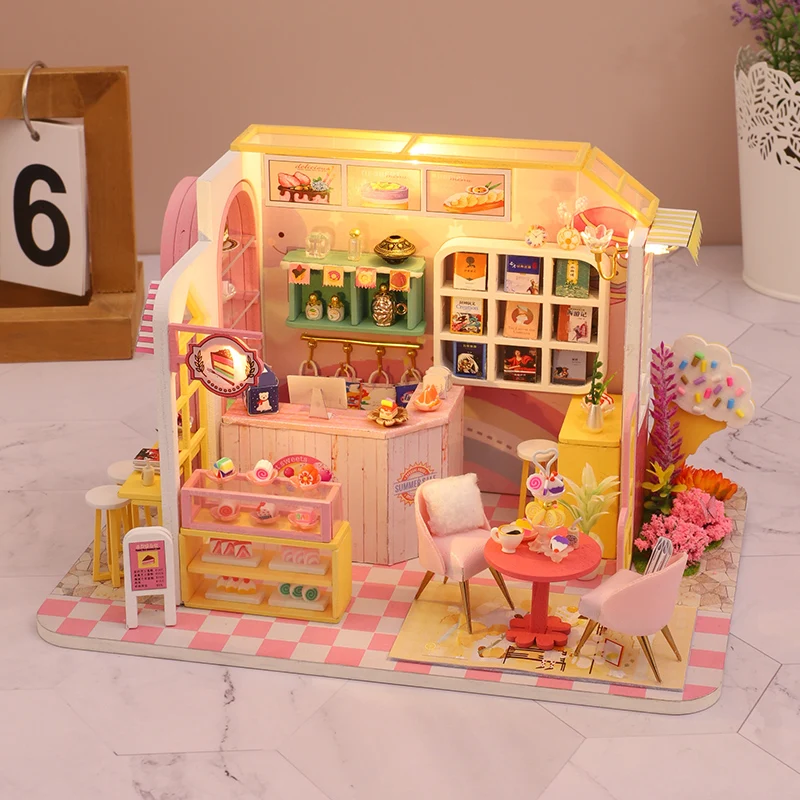 

Furniture Diy House Pink Dessert Shop Wooden Miniature Doll House Furniture Kits Handmade Dollhouse Craft Toys For Children Gift