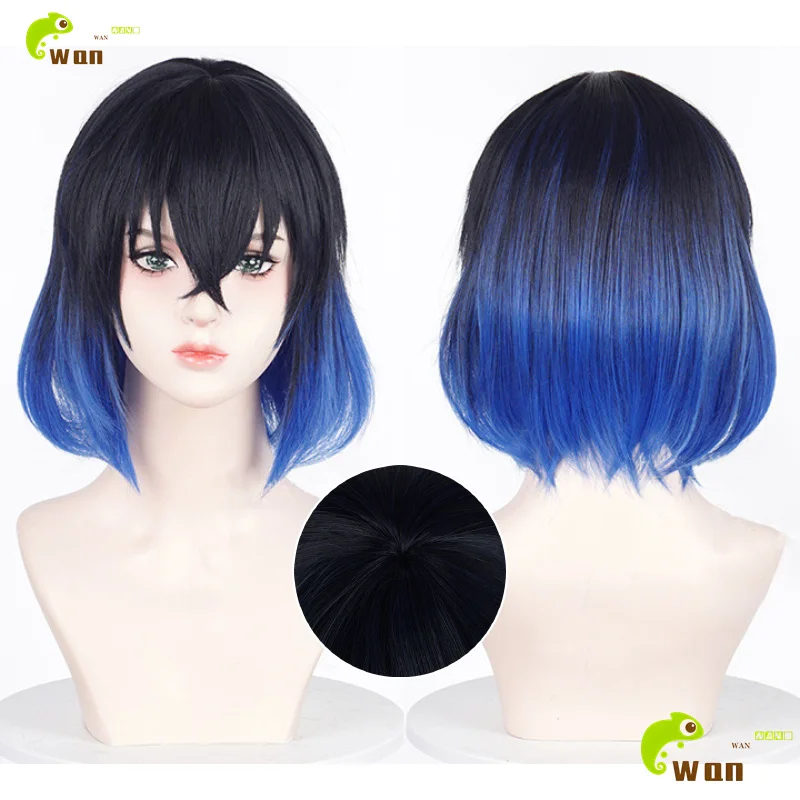

Anime Hashibira Inosuke Cosplay Wig 35CM Short Wig Blue Black Gradient Heat Resistant Synthetic Hair Halloween Wigs + Wig Cap