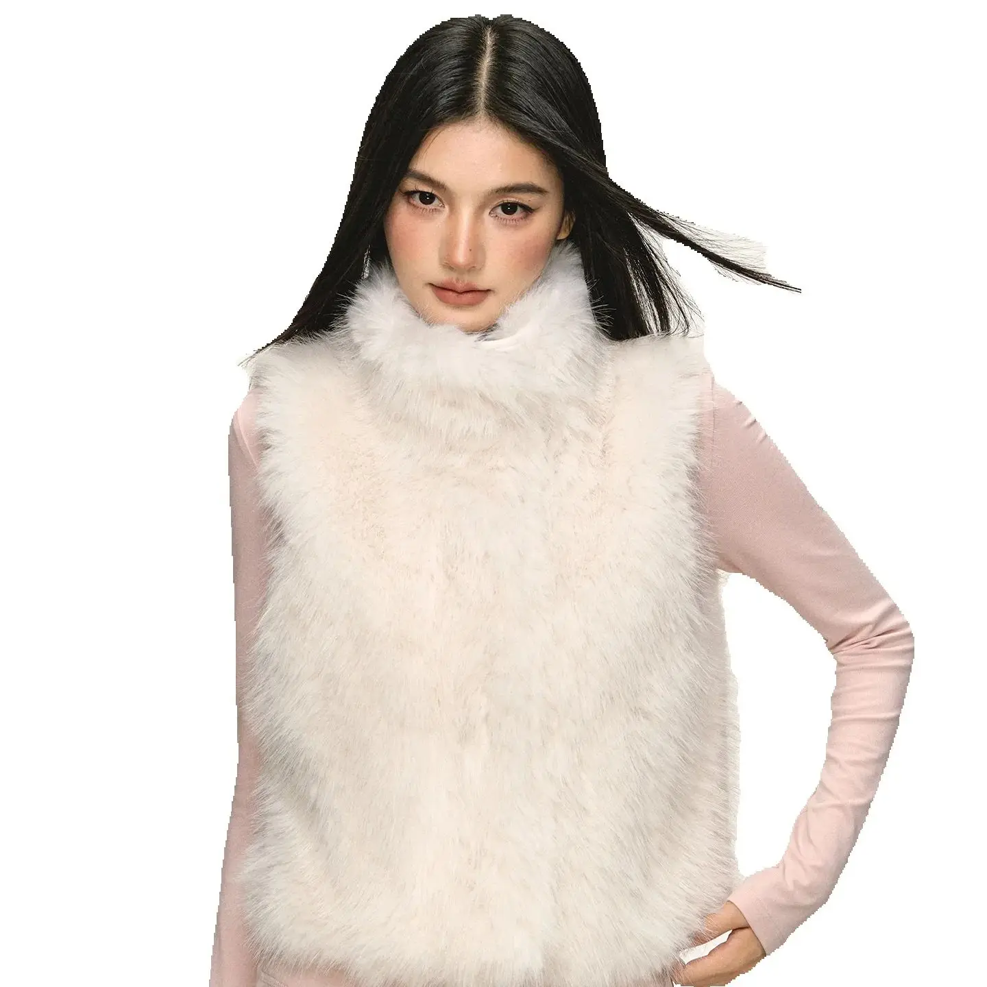 

Cashmere faux fur one-piece vest for women's autumn and winter khaki short high-neck warm coat