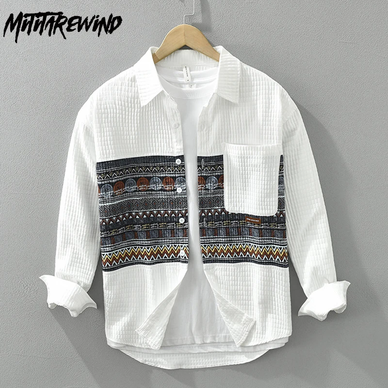 

New Ethnic Print Long Sleeve Shirt for Men Japanese Fashion Streetwear Men Loose Tops Spring Autumn Youth Men Clothing Vintage