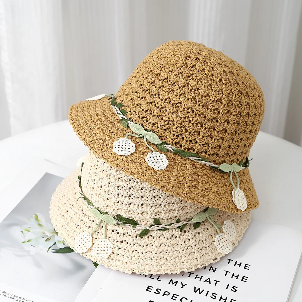 ‌korean Style Summer Floral Knitted Fisherman Hat For Women Sun Protection Breathable Beach Cap Adjustable Boho Chic Sun Hat