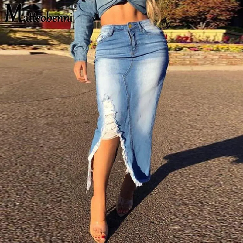 2021 Summer New Ladies Denim Skirt Trendy Irregular Ripped Jeans Skirt Sexy Slim Pack Hips Mini Skirt Casual Streetwear