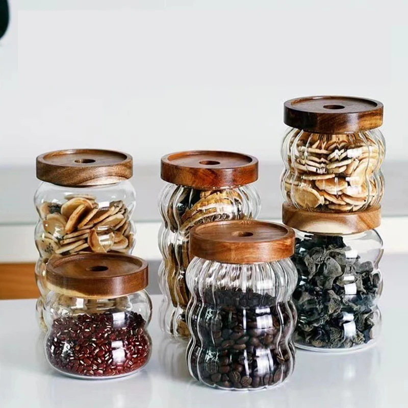 Wood Lid Striped Glass Storage Bottles Sealed Jar Tea Coffee Beans Grains Candy Jars Organizer Kitchen Food Glass Containers