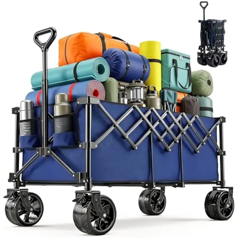 49 Inch Extra Long Folding Wagon Cart With 440 Lbs Capacity 250 Liter Storage Space All Terrain 7 Inch Wheels Adjustable Handle