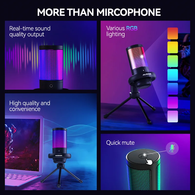 AUSDOM Gaming ME6S USB Desktop Microphone For Condenser Podcast Recording Streaming Output Touch-Mute Mic With RGB Lighting Mode