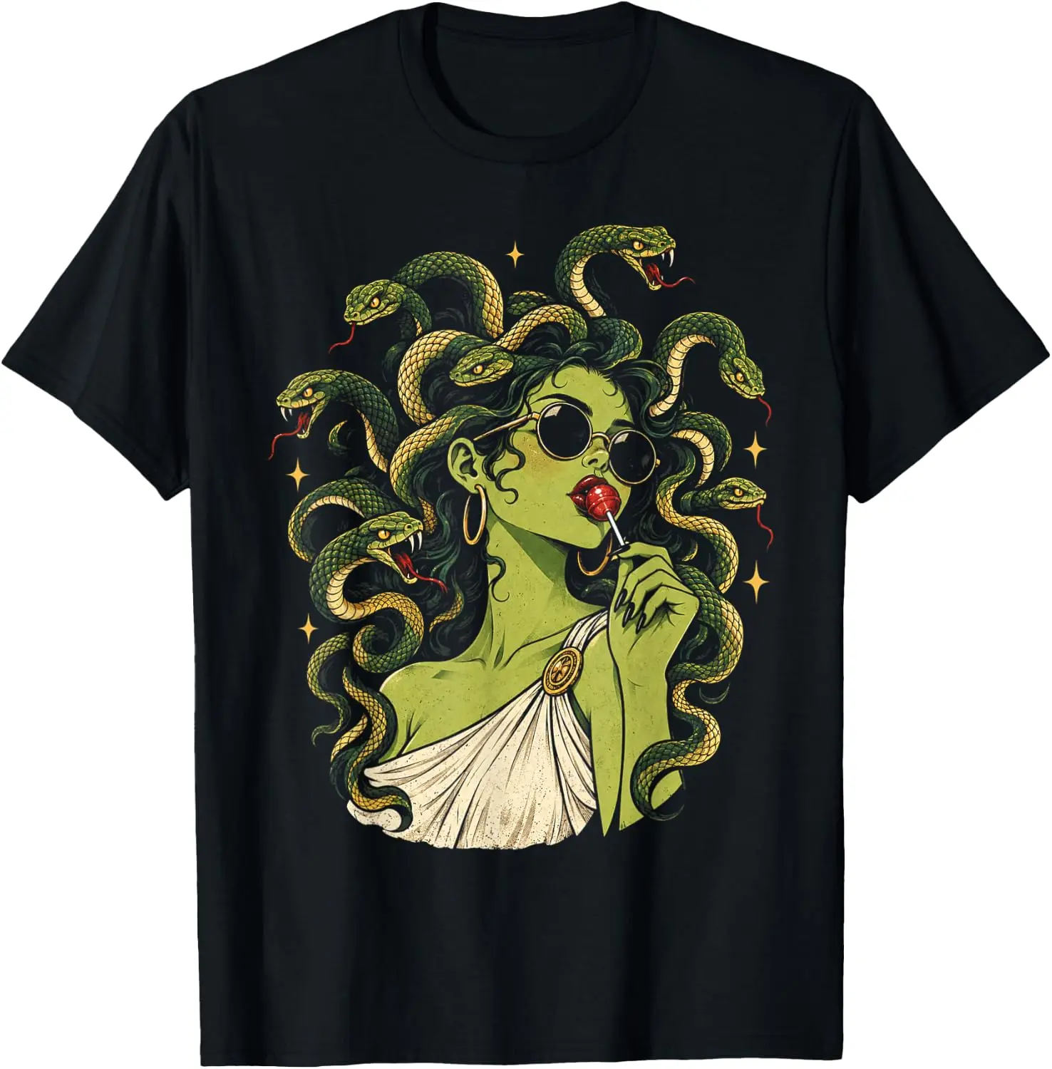 Vintage Medusa Lollipop Gothic Mythology Snake Woman T-Shirt Versatile, heavyweight pure cotton short-sleeve tee—trendy, thick fabric; a great gift for Christmas or Halloween.