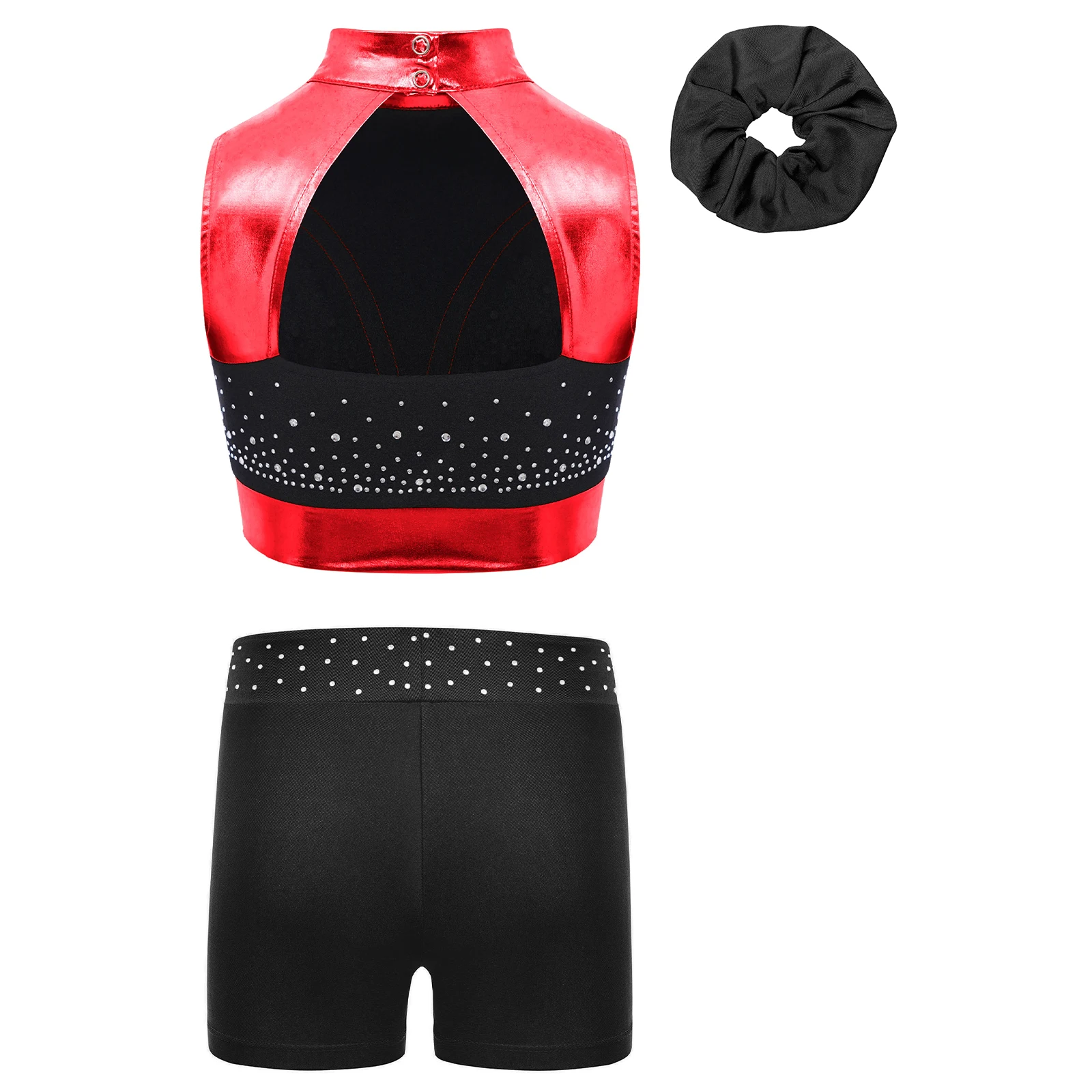 3Pcs Girls Gymnastics Dance Costumes Shiny Rhinestones Color Block Metallic Crop Top+Shorts+Headwear School Cheerleader Uniform