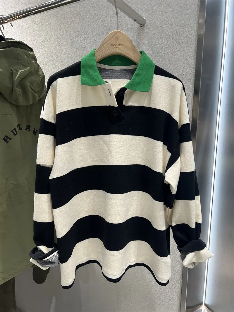 

Корейская женская футболка в полоску Long Sve Ne, повседневная верхняя одежда, удобная дышащая смесь хлопка из полиэстера