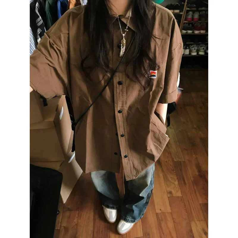 

DAYIFUN Vintage Short Sleeve Shirt Streetwear Women Oversize Button Up Korean Fashion Cool Blouse Aesthetic Hippie Japanese Tops