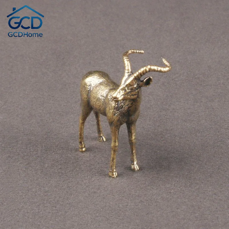 Figurine d'antilope en laiton antique, mini-ornement de mouton porte-bonheur en cuivre vintage pour la décoration de bureau et de bibliothèque, cadeau de collection