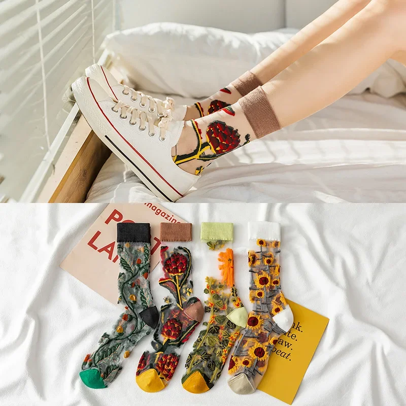 Novelty Casual Women Socks Harajuku Summer Ultra-thin Transparent Glass Silk Socks Sunflowers Crystal Funny Socks High Quality